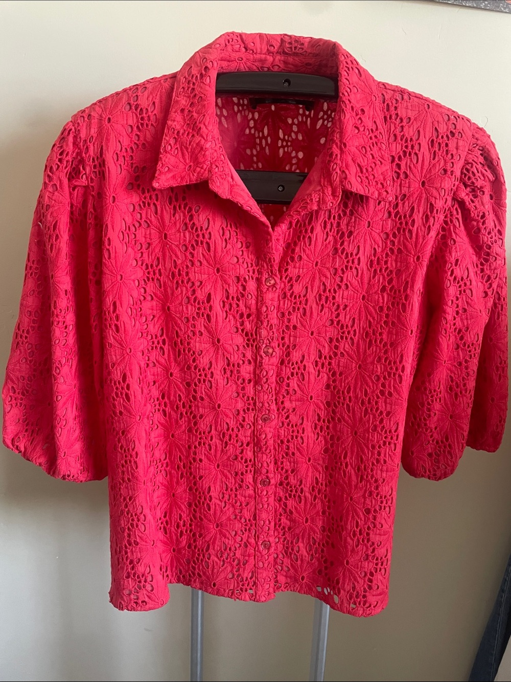 Button-Front Pink Eyelet Collared Blouse